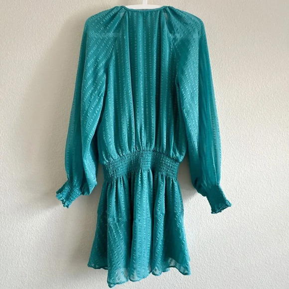 Ramy Brook Textured Mini Smocked Drop Waist Long Sleeve V-neck Dress Teal Size M - Picture 5 of 11